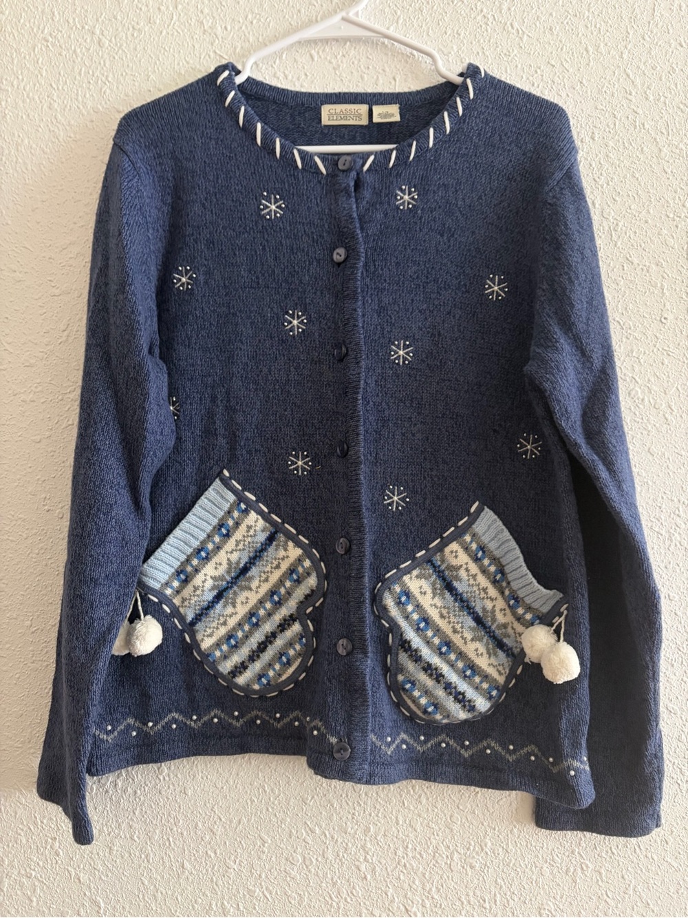 Women's Classic Elements Blue Snowflake Mitten Christmas Cardigan Sweater